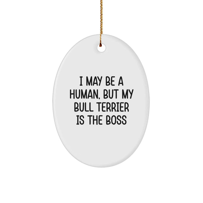 Funny Christmas Unique Gifts for Bull Terrier Dog Lovers - Oval Ornament I May Be A Human, But My Bull Terrier Is The Boss - Gifts from Friends and Family - Image 1