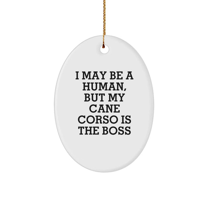 Funny Cane Corso Dog Christmas Oval Ornament Gifts from Men to Family - I May Be A Human, But My Cane Corso Is The Boss - Image 1