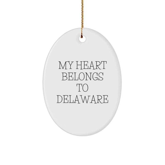 Delaware Gifts for Men Women Friends Family - My Heart Belongs To Delaware Oval Ornament - White Oval Shaped Christmas Decor - Image 1