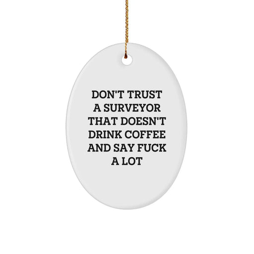 Funny Surveyor Gifts for Men, Oval Ornament Says 'Don't Trust A Surveyor That Doesn't Drink Coffee And Say F--k A Lot', White Christmas Unique Presents from Friends - Image 1
