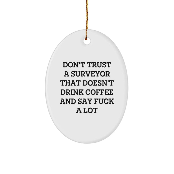 Funny Surveyor Gifts for Men, Oval Ornament Says 'Don't Trust A Surveyor That Doesn't Drink Coffee And Say F--k A Lot', White Christmas Unique Presents from Friends - Image 1