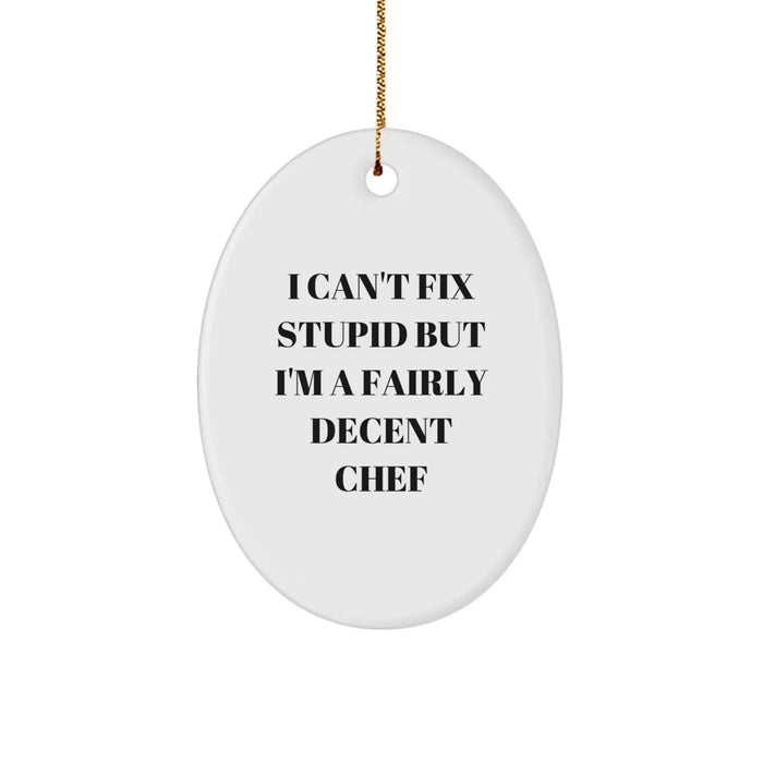 Funny Chef Oval Ornament Gifts from Friends to Men for Christmas with I Can't Fix Stupid But I'm A Fairly Decent Chef Quote, Oval Ornament Gifts for Chef, Christmas Unique Gifts for Men - Image 1