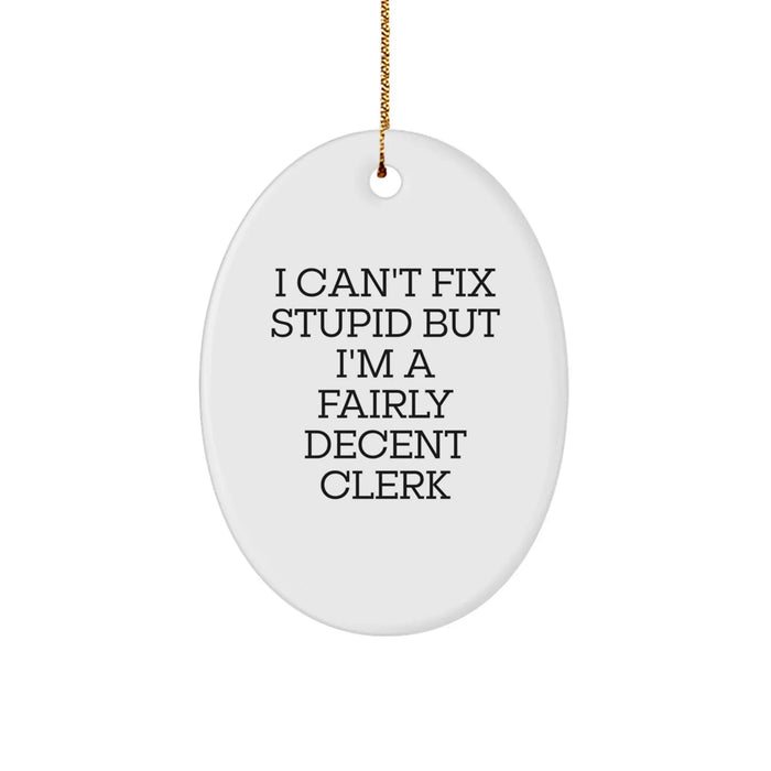 Funny Clerk Gifts for Men, Oval Ornaments with I Can't Fix Stupid But I'm A Fairly Decent Clerk Quote, Perfect Christmas Unique Gifts from Friends - Image 1