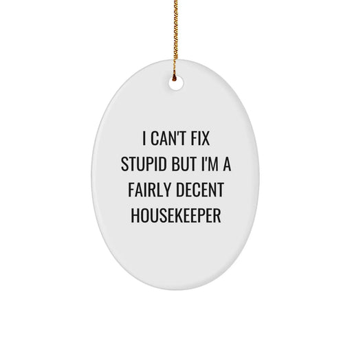 Funny Housekeeper Gifts from Men to Housekeeper Friends - Oval Ornament with I Can't Fix Stupid but I'm a Decent Housekeeper - Unique Christmas Unique Gifts - Image 1
