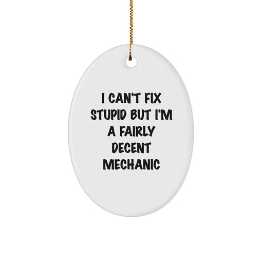 Funny Mechanic Gifts for Friends - Oval Ornament with I Can't Fix Stupid Decent Mechanic Quote, Christmas Unique Presents for Men Women Family - Image 1