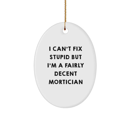 Funny Mortician Gifts from Friends for Mortician, Oval Ornament with I Can't Fix Stupid But I'm A Fairly Decent Mortician Quote, Unique Christmas Decorations - Image 1