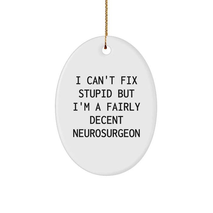 Funny Neurosurgeon Gifts for Men, Oval Ornament with I 'Can't Fix Stupid But I'm A Decent Neurosurgeon' Quote, Christmas Unique Gifts from Friends to Family - Image 1
