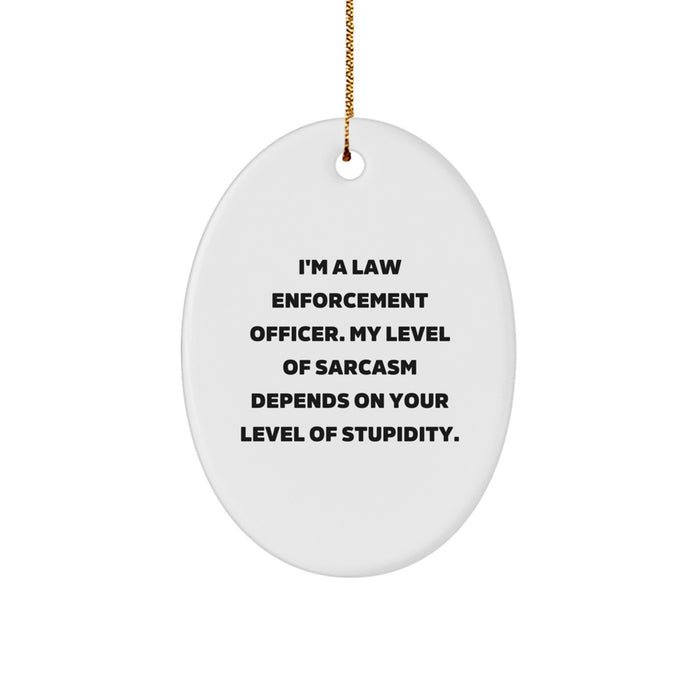 Funny Law Enforcement Officer Gifts, Oval Ornament for Men, Christmas Unique Gifts from Friends to Family, Humorous Quote: 'My Level Of Sarcasm Depends On Your Level Of Stupidity.' - Image 1