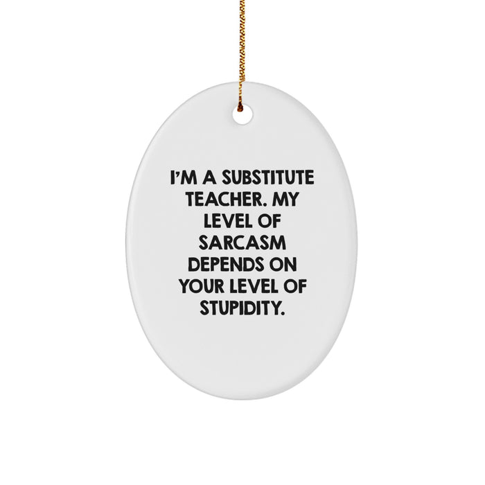 Funny Substitute Teacher Gifts, Christmas Unique Gifts for Substitute Teacher, Oval Ornament Decoration with 'I'm A Substitute Teacher. My Level Of Sarcasm Depends On Your Level Of Stupidity.' Quote - Image 1