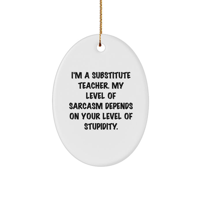 Funny Substitute Teacher Gifts for Her Oval Ornament, 'I'm A Substitute Teacher. My Level Of Sarcasm Depends On Your Level Of Stupidity.', Christmas Unique Gifts from Friends and Family - Image 1