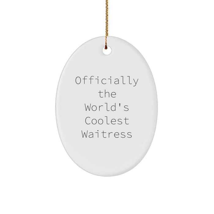 Funny Waitress Gifts for Coworkers, Oval Ornament, Officially The World's Coolest Waitress Quote, Christmas Unique Gifts from Men - Image 1