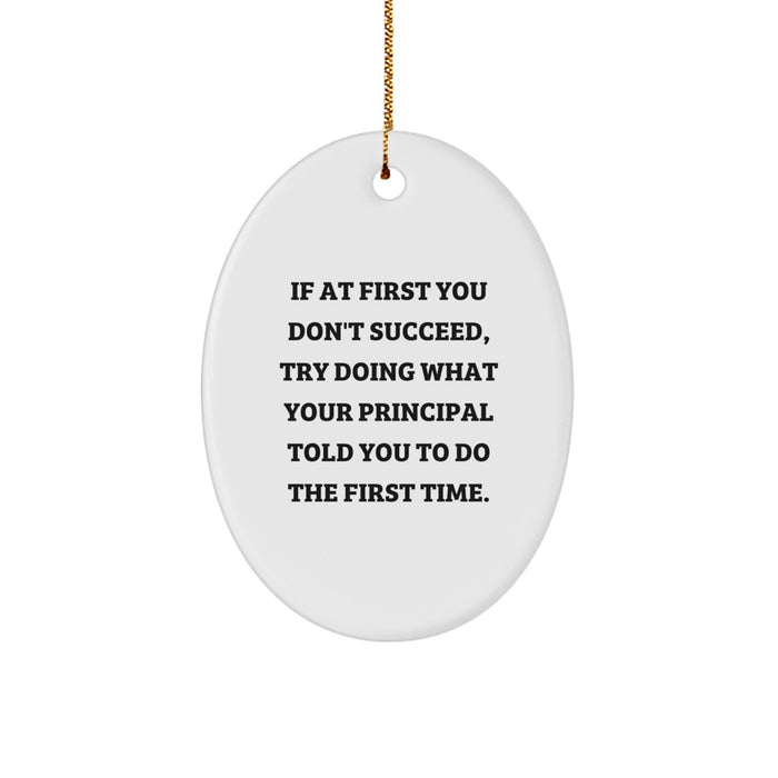 Funny Principal Gifts for Men Oval Ornament - 'If At First You Don't Succeed' - Christmas Unique Gifts from Friends - Perfect for Principal's Office - Image 1
