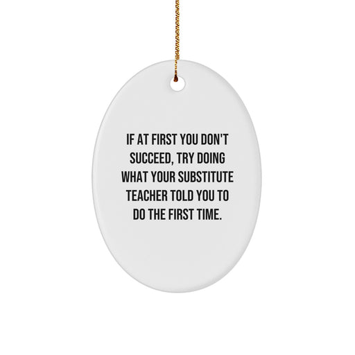 Funny Substitute Teacher Christmas Unique Gifts from Friends Oval Ornament, If At First You Don't Succeed, Try Doing What Your Substitute Teacher Told You To Do The First Time. - Image 1