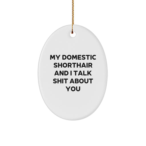 Funny Domestic Shorthair Cat Oval Ornament Gifts from Friends for Christmas, 'My Domestic Shorthair And I Talk Shit About You' Quote, White Color, Perfect for Men, Women, or Family - Image 1