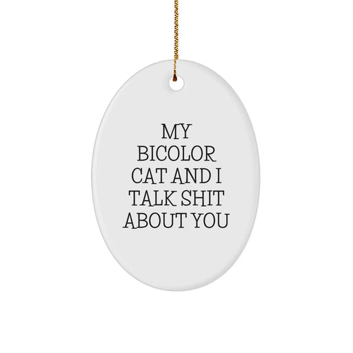 Funny Bicolor Cat Gifts for Friends, Coworkers, or Family - Oval Ornament with 'My Bicolor Cat And I Talk Shit About You' Quote - Christmas Unique Gifts from Men, Women, or Anyone - Image 1