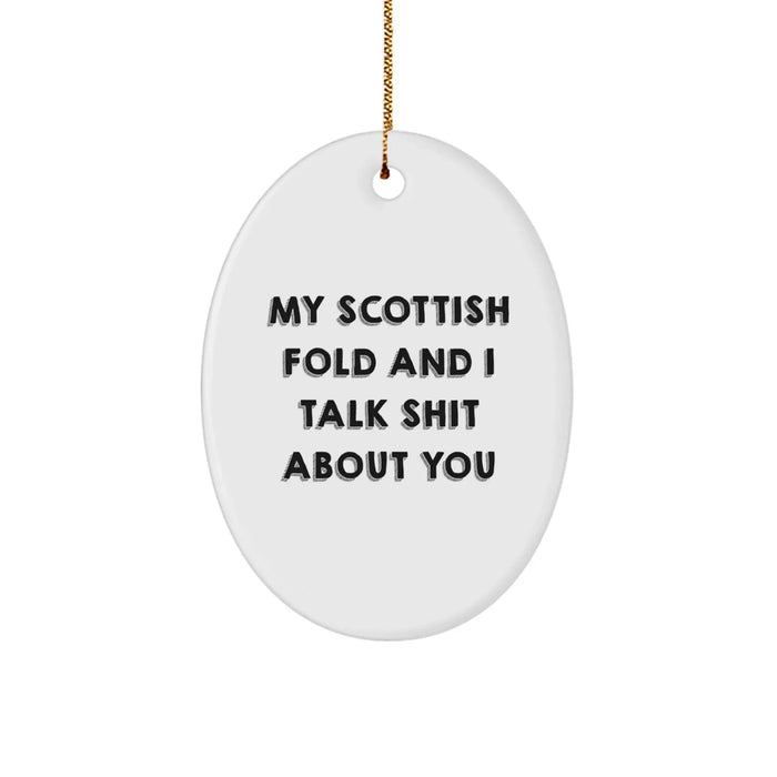 Funny Scottish Fold Cat Lover Gifts, 'My Scottish Fold And I Talk Shit About You' Oval Ornament for Friends, Family, Coworkers, Christmas Unique Gifts from Men, Women - Image 1