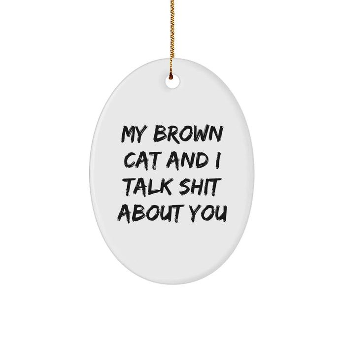 Funny Brown Cat Gifts from Friends to Family - My Brown Cat And I Talk Shit About You Oval Ornament for Christmas - Image 1