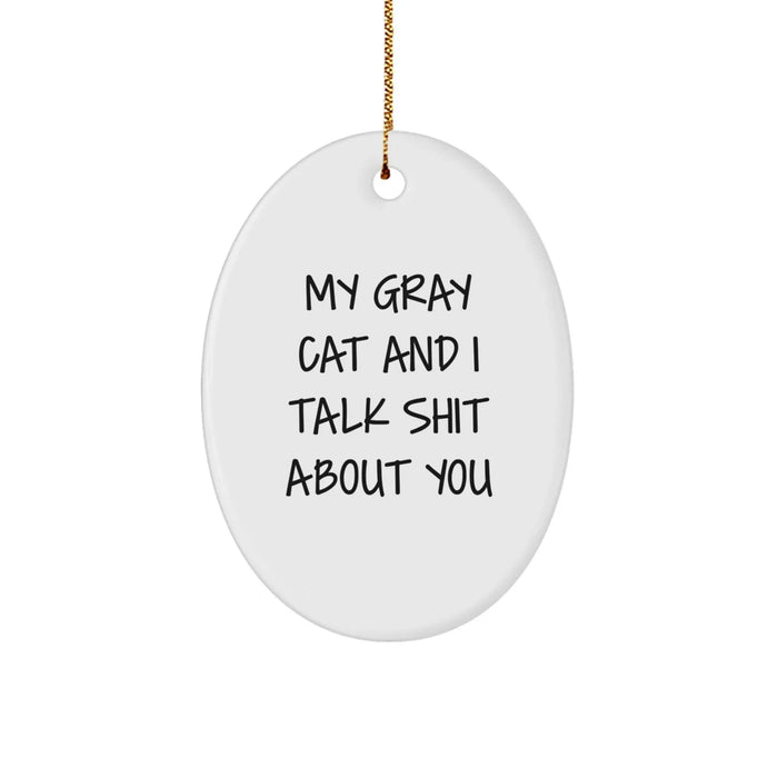 Funny Gray Cat Oval Ornament Gifts from Men to Women for Christmas - 'My Gray Cat And I Talk Shit About You' Quote - Image 1
