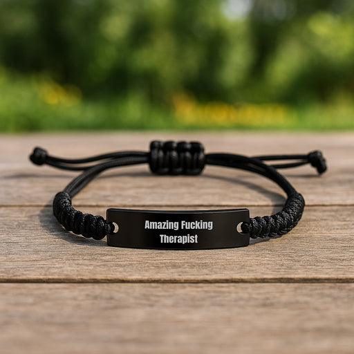 Funny Therapist Gifts for Graduation, 'Amazing F--king Therapist' Rope Bracelet, Unique Men Gifts from Friends, Adjustable Black Stainless Steel - Image 2