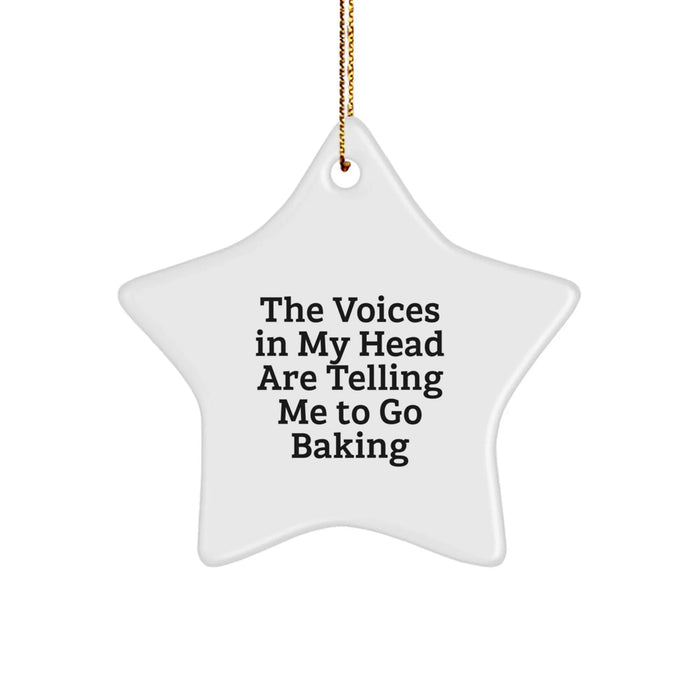 Funny Baking Gifts From Friends, Unique Christmas Star Ornament, The Voices 'Tell Me To Go Baking' Inspirational, White, Star Shaped, Durable MDF, High Gloss Finish - Image 1
