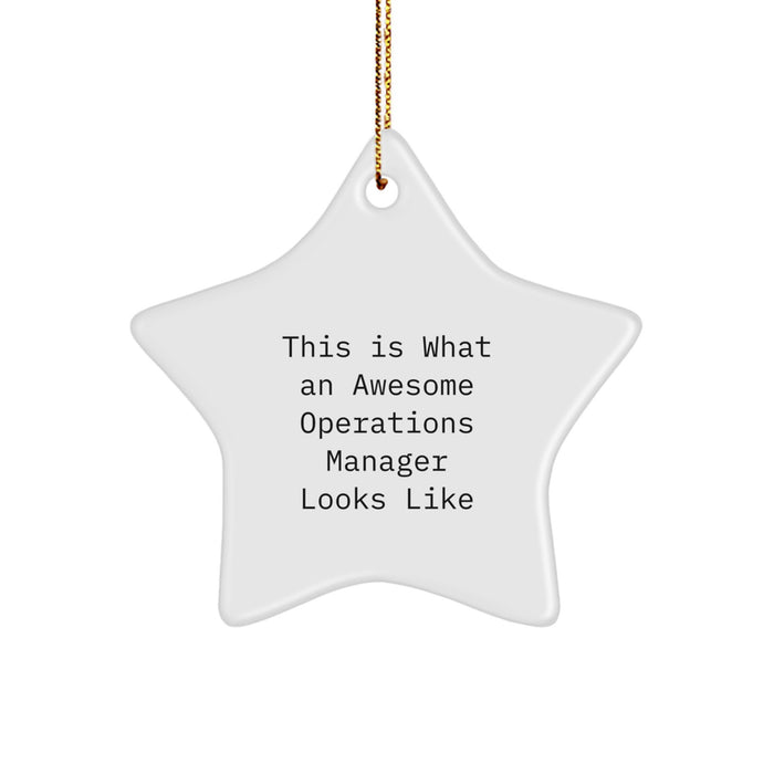 Funny Operations Manager Gifts for Men from Friends - This Is What An Awesome Operations Manager Looks Like Christmas Unique Star Ornament - White Star Shaped MDF with Gold Cord - Image 1