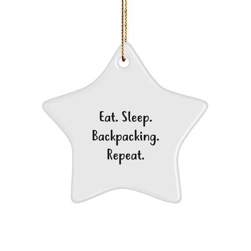 Funny Backpacking Gifts from Family for Friends Christmas Unique Star Ornament, Eat. Sleep. Backpacking. Repeat. Star Shaped MDF Decorations - Image 1
