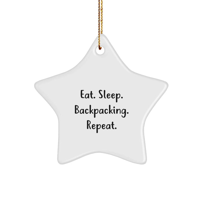 Funny Backpacking Gifts from Family for Friends Christmas Unique Star Ornament, Eat. Sleep. Backpacking. Repeat. Star Shaped MDF Decorations - Image 1