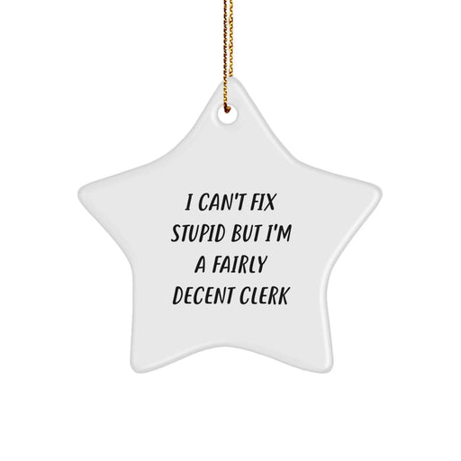Funny Clerk Gifts, Star Ornament, 'I Can't Fix Stupid But I'm A Fairly Decent Clerk' Christmas Unique Gifts from Friends, Family, Coworkers to Clerk - Image 1