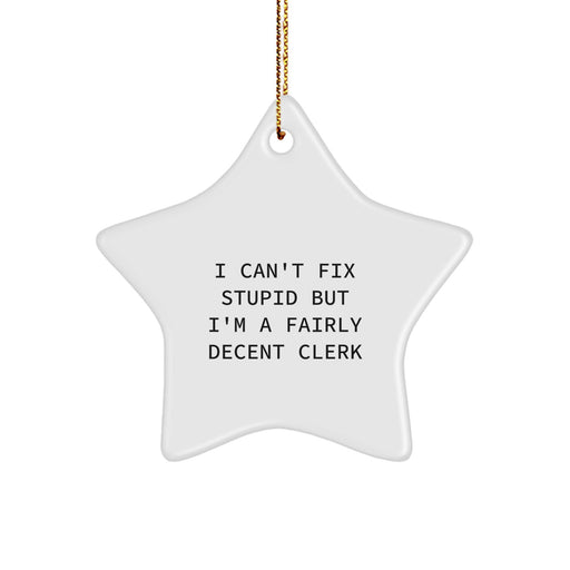 Funny Clerk Christmas Star Ornament Gifts from Friends, Family or Coworkers for Clerk Men Women, 'I Can't Fix Stupid But I'm A Fairly Decent Clerk' Star Shaped Decorations - Image 1