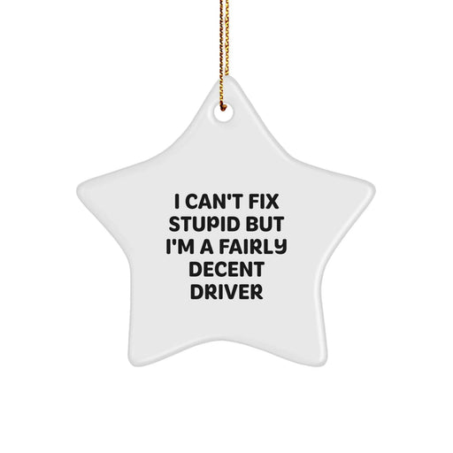 Funny Driver Gifts from Men to Fellow Driver Friends - 'I Can't Fix Stupid But I'm A Fairly Decent Driver' Star Ornament for Christmas - Image 1