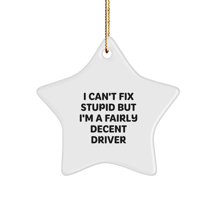 Funny Driver Gifts from Men to Fellow Driver Friends - 'I Can't Fix Stupid But I'm A Fairly Decent Driver' Star Ornament for Christmas - Image 1