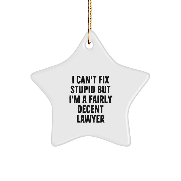 Funny Lawyer Star Ornament Gifts from Friends, Coworkers, or Men to Lawyer, Men, or Women - 'I Can't Fix Stupid But I'm A Fairly Decent Lawyer' - Image 1