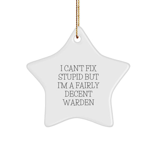 Funny Warden Quotes Star Ornament - Gifts from Friends for Warden Men, Christmas Unique Gifts, Star Shaped Decorations, I 'Can't Fix Stupid But I'm A Fairly Decent Warden' Quote - Image 1