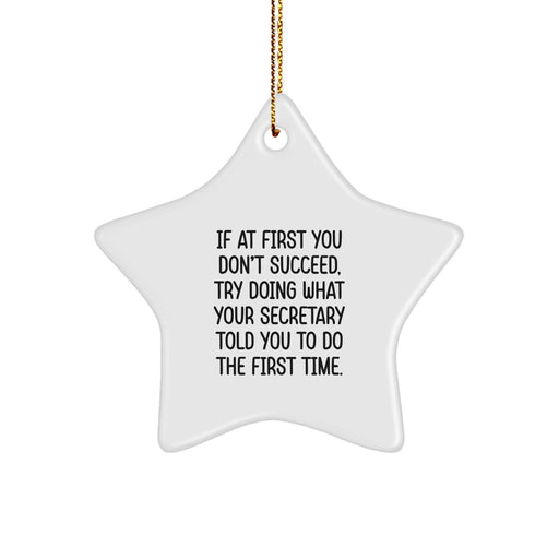 Funny Secretary Gifts - If At First You Don't Succeed Try What Your Secretary Told You, White Star Ornament for Christmas, Secretary Humor - Image 1