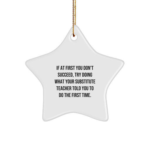 Funny Substitute Teacher Gifts for Christmas - 'If At First You Don't Succeed' Star Ornament with Gold Cord - Gifts from Men to Women, Coworkers, Friends, Family - Image 1