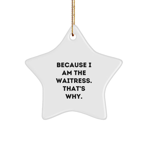Funny Waitress Gifts for Christmas, Star Ornament Quote Because I Am The Waitress. That's Why. Gifts from Family, Friends, Coworkers to Waitress - Image 1