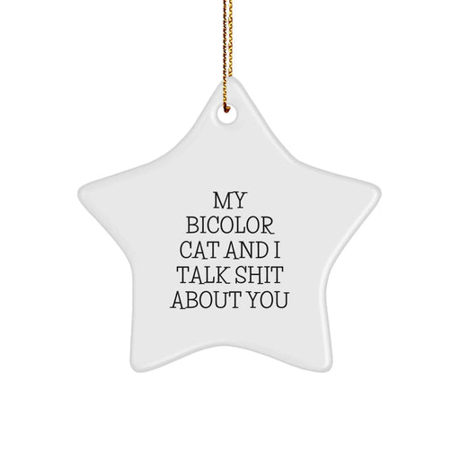 Bicolor Cat Christmas Unique Gifts from Friends, Funny Star Ornament with 'My Bicolor Cat And I Talk Shit About You' Quote, Star Shaped, 3.25" tall, Gifts for Men, Women, Family - Image 1