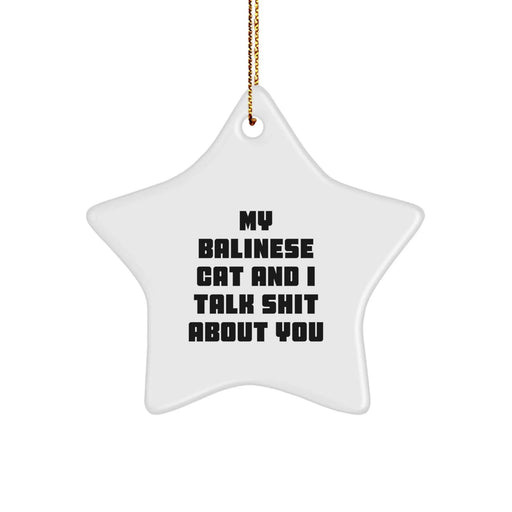 Funny Balinese Cat Gifts from Friends for Christmas - Star Ornament with 'My Balinese Cat And I Talk Shit About You' Quote, Unique White Star Shaped Decoration - Image 1