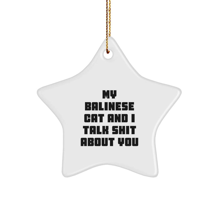 Funny Balinese Cat Gifts from Friends for Christmas - Star Ornament with 'My Balinese Cat And I Talk Shit About You' Quote, Unique White Star Shaped Decoration - Image 1