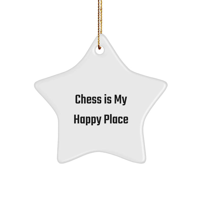 Chess Enthusiasts' Delight, 'Chess Is My Happy Place', White Star Ornament, Gifts for Men, Women, or Friends, Christmas Unique Gifts from Family - Image 1