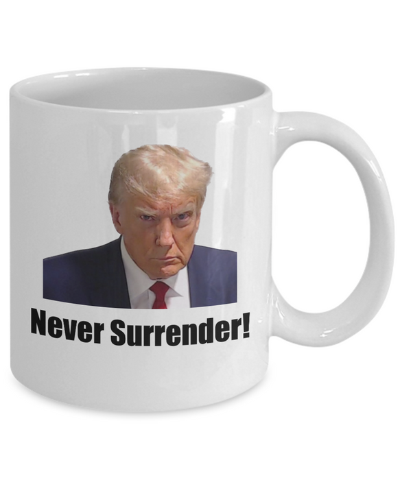 Trump Mug Shot, Mug Shot Coffee Mug, Funny Trump Gift, Trump 2024, Gift for Republican, Election Interference, Never Surrender