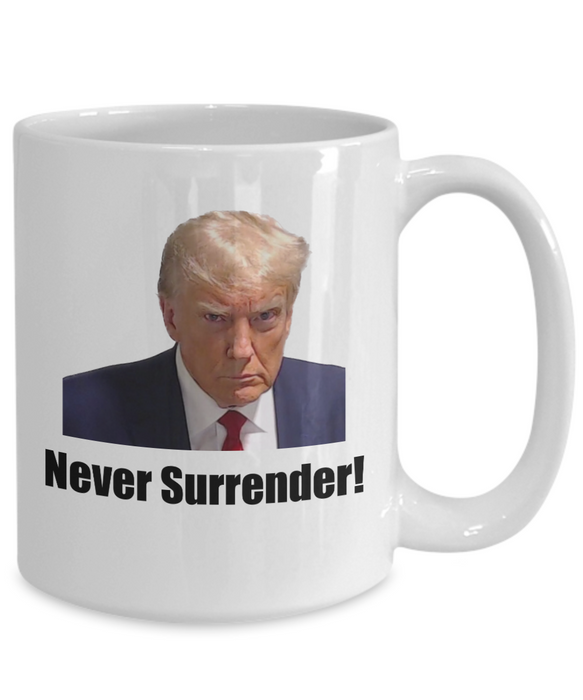 Trump Mug Shot, Mug Shot Coffee Mug, Funny Trump Gift, Trump 2024, Gift for Republican, Election Interference, Never Surrender