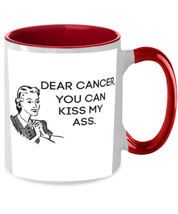 Cancer Kiss My Ass Coffe Mug, Funny, Cheap, Inappropriate, Gift for, Red Two-Tone, Cancer Coffee Mug