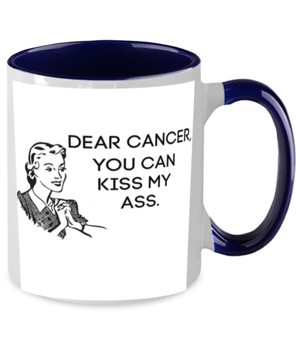 Cancer Kiss My Ass Coffe Mug, Funny, Cheap, Inappropriate, Gift for, Navy Two-Tone, Cancer Coffee Mug