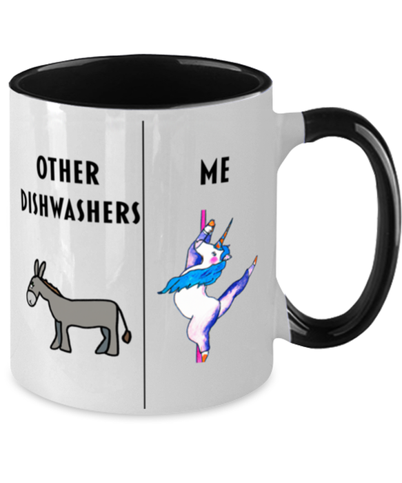 Funny Dishwasher Coffee Mug, Gift for Dishwasher, Gag Gift for Dishwasher, Unique Gift for Dishwasher, Cheap Dishwasher Gift, Donkey Unicorn Two Tone Black Mug