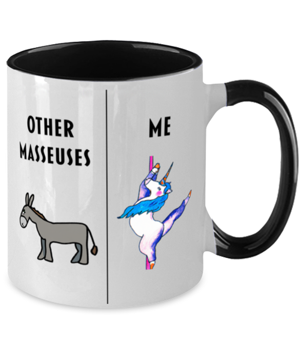 Funny Masseuse Coffee Mug, Gift for Masseuse, Gag Gift for Masseuse, Unique Gift for Masseuse, Cheap Masseuse Gift, Donkey Unicorn Two Tone Black Mug