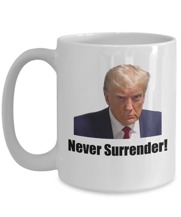 Trump Mug Shot, Mug Shot Coffee Mug, Funny Trump Gift, Trump 2024, Gift for Republican, Election Interference, Never Surrender