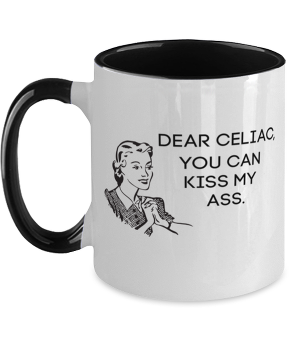 Celiac Kiss My Ass Coffe Mug, Funny, Cheap, Inappropriate, Gift for, Black Two-Tone, Celiac Coffee Mug