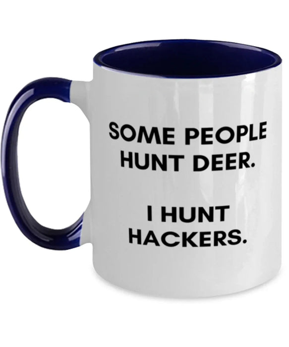 Cyber Security Analyst, Technician, CISO Coffee Mug, I Hunt Hackers, Chief Information Security Officer, Cyber Security Analyst, Technician, CISO Funny, Inappropriate, Gag, Coffee Mug Navy Two Tone, Gift for Cyber Security Analyst, Technician, CISO