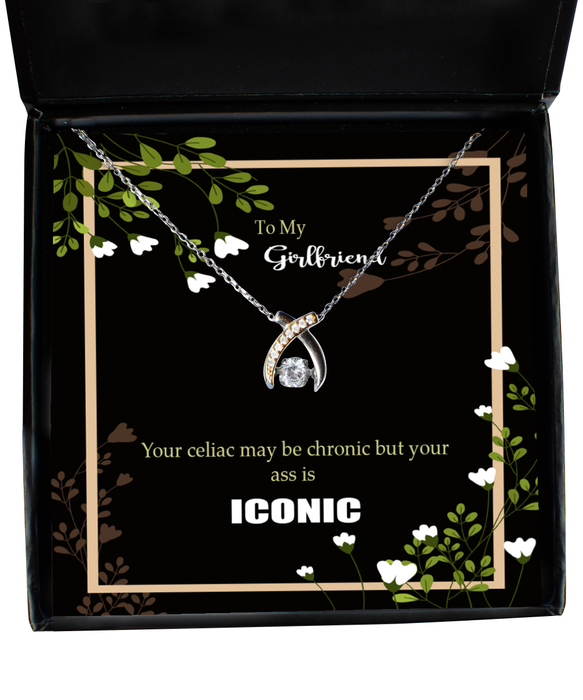 To My Girlfriend, Celiac Awareness, Girlfriend, Celiac Awareness Jewelry, Celiac is Chronic but Your Ass is Iconic, Wishbone Dancing Necklace